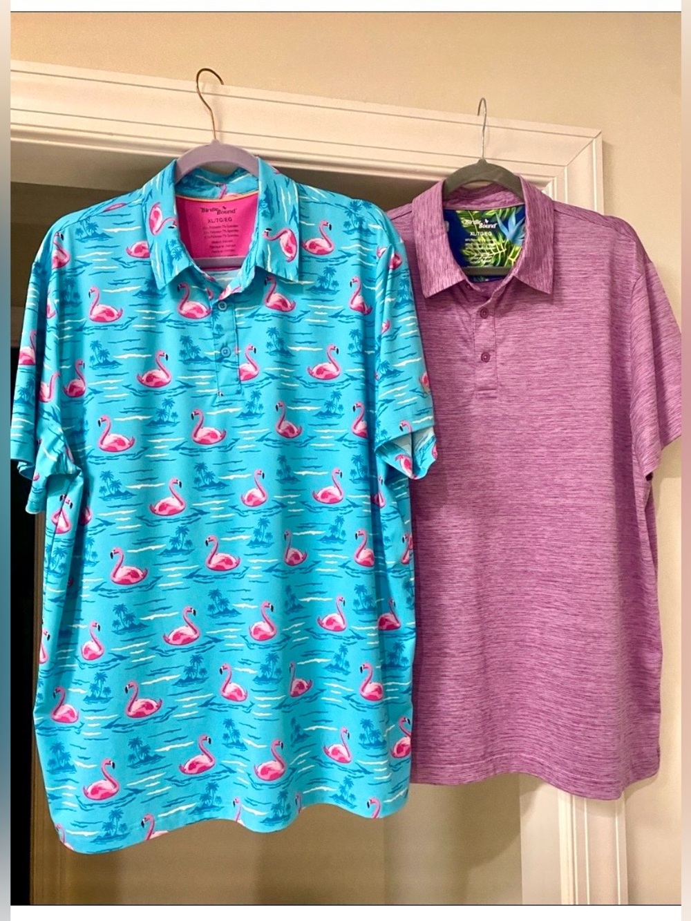 (2) Birdie Bound Men's Golf Purple Pattern & Pink Flamingo Design Polo’s / Sz XL
